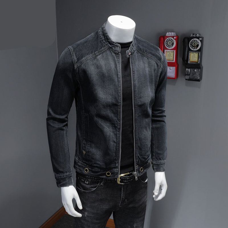 Col Montant Européen Bomber Pilote Noir Denim Veste Hommes Jean Manteaux Mince Moto Décontractée Vêtements Pardessus - Noir