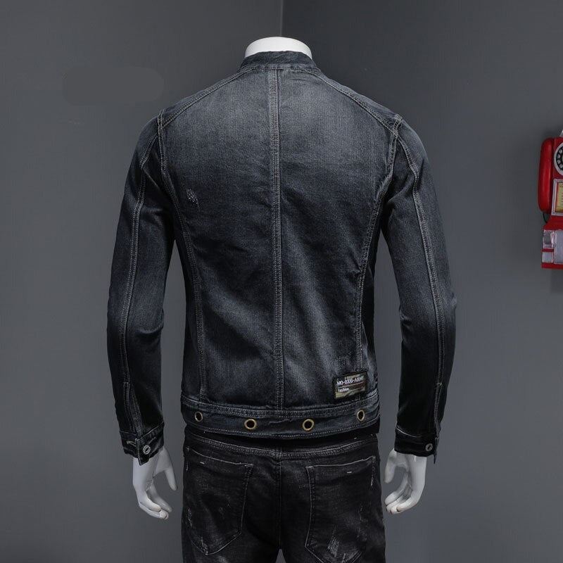 Col Montant Européen Bomber Pilote Noir Denim Veste Hommes Jean Manteaux Mince Moto Décontractée Vêtements Pardessus - Noir