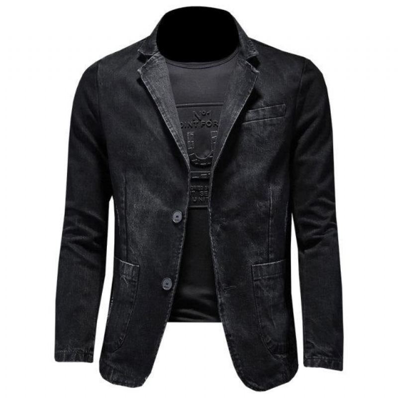 Denim Blazer Hommes Jean Coupe Ajustée Cowboy Manteaux Loisirs Costume Veste Décontracté Manteau Simple Bouton Nouveau - Gris