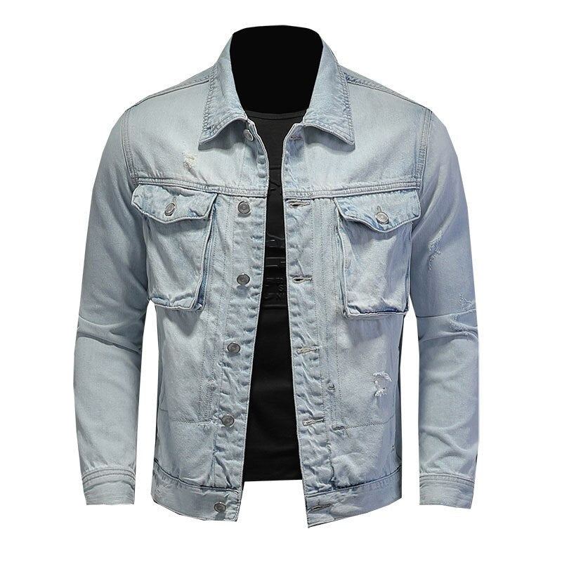 Denim Moto Hommes Veste Haute Rue Rétro Bomber Vêtements De Rue - Bleu Ciel