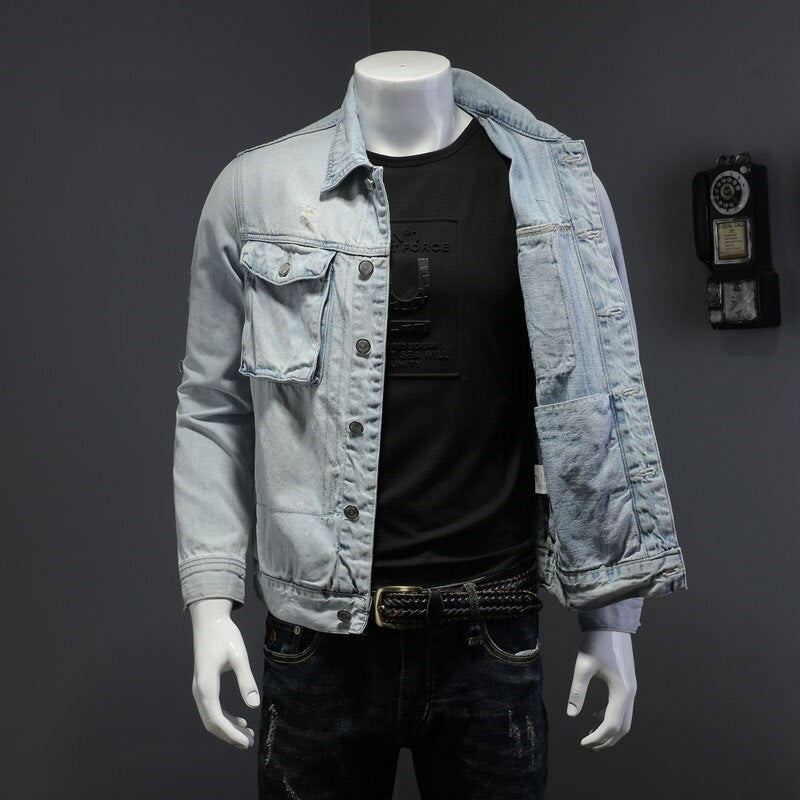 Denim Moto Hommes Veste Haute Rue Rétro Bomber Vêtements De Rue - Bleu Ciel