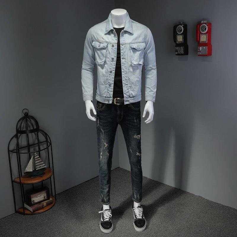 Denim Moto Hommes Veste Haute Rue Rétro Bomber Vêtements De Rue - Bleu Ciel