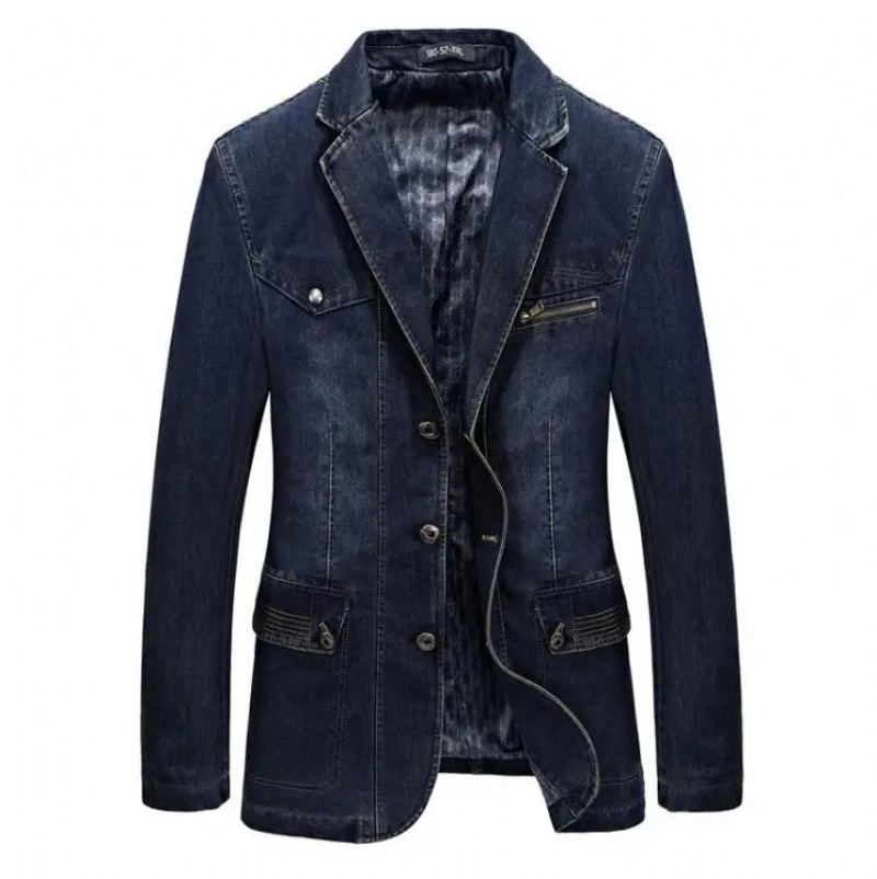 Denim Trench Automne Hiver Veste Hommes Revers Col Lavé Manteau - Bleu Foncé