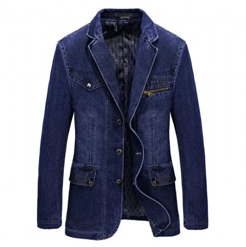 Denim Trench Automne Hiver Veste Hommes Revers Col Lavé Manteau - Bleu Foncé