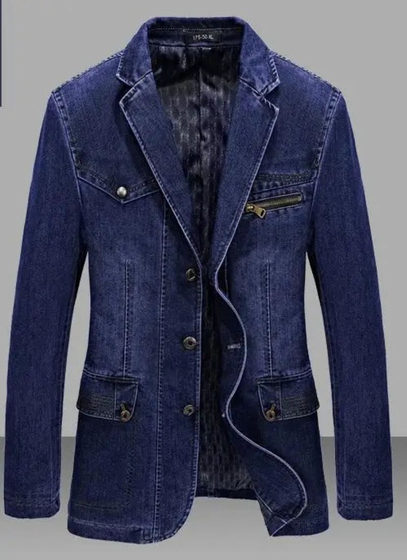 Denim Trench Automne Hiver Veste Hommes Revers Col Lavé Manteau - Bleu Foncé