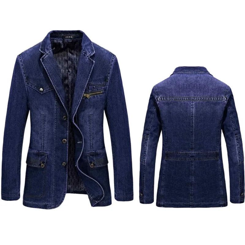 Denim Trench Automne Hiver Veste Hommes Revers Col Lavé Manteau - Bleu Foncé