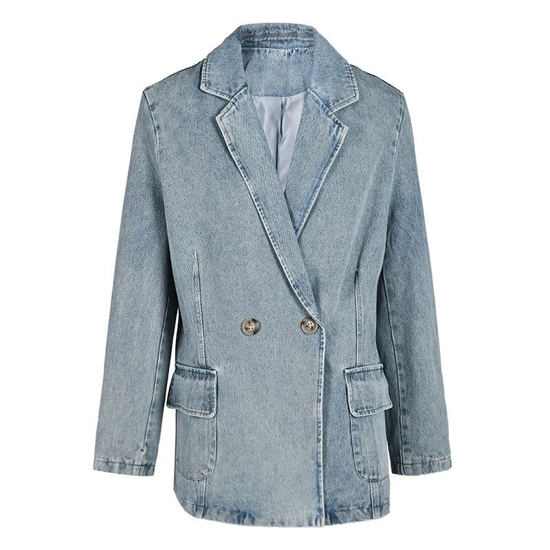 Denim Vintage Veste Lâche Revers À Manches Longues Femmes Manteau Marée Printemps Automne - Bleu