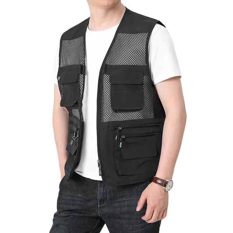 Gilet D'été En Maille Fine Vestes D'extérieur Sans Manches Vêtements De Travail Tactiques Décontractés Gilets De Camping - Noir