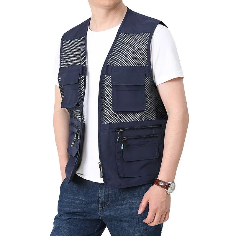 Gilet D'été En Maille Fine Vestes D'extérieur Sans Manches Vêtements De Travail Tactiques Décontractés Gilets De Camping - Noir