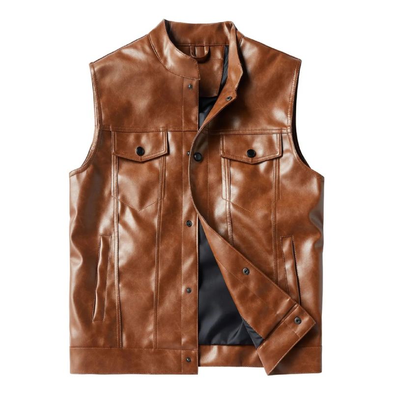 Gilet En Faux Cuir Pour Hommes Poches Cargo Solide Veste Sans Manches Moto De Motard - Noir