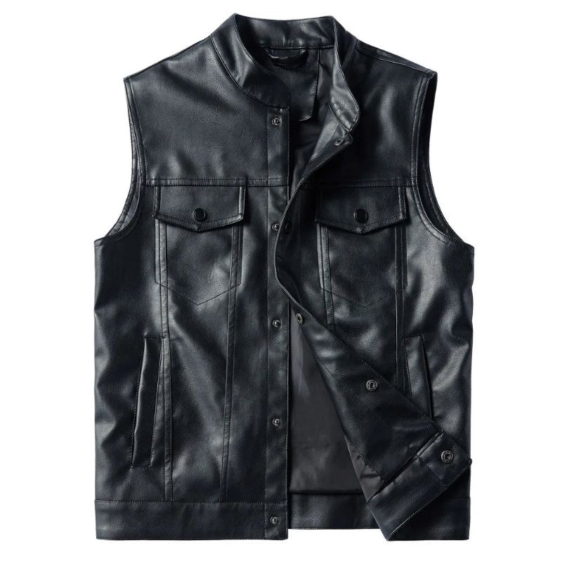 Gilet En Faux Cuir Pour Hommes Poches Cargo Solide Veste Sans Manches Moto De Motard - Noir