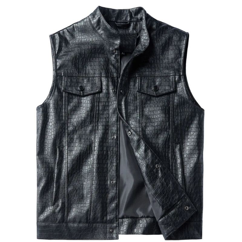 Gilet En Faux Cuir Pour Hommes Poches Cargo Solide Veste Sans Manches Moto De Motard - Noir