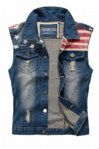 Gilet En Jean Déchiré Sans Manches Pour Hommes Veste Vintage Réservoir Drapeau Américain En Lavé Printemps