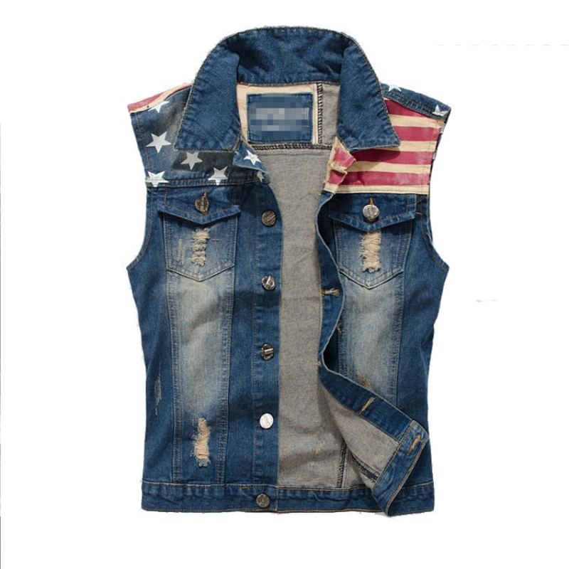 Gilet En Jean Déchiré Sans Manches Pour Hommes Veste Vintage Réservoir Drapeau Américain En Lavé Printemps - Bleu Démin