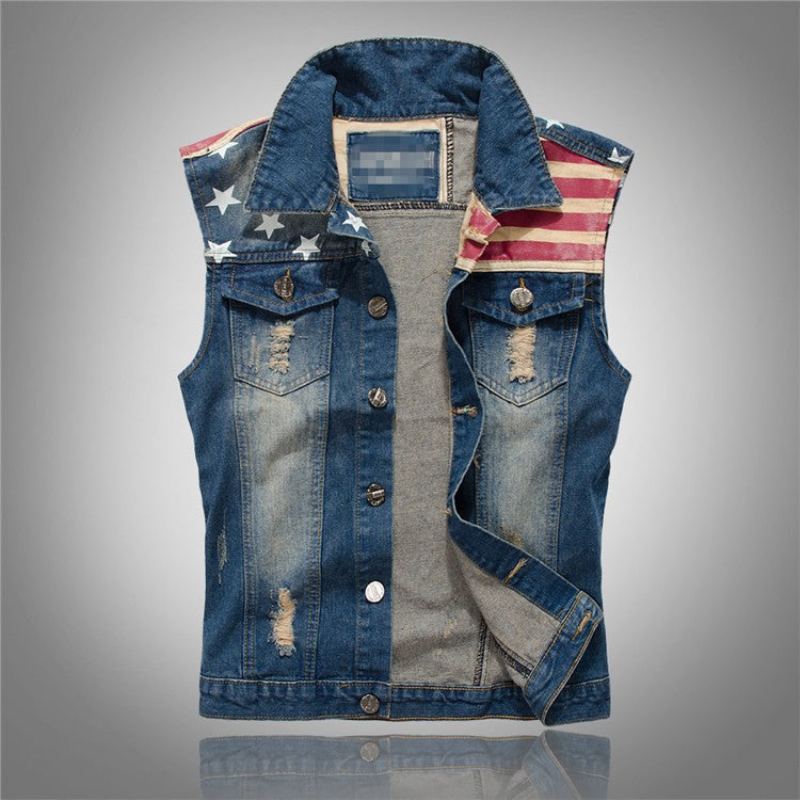 Gilet En Jean Déchiré Sans Manches Pour Hommes Veste Vintage Réservoir Drapeau Américain En Lavé Printemps - Bleu Démin