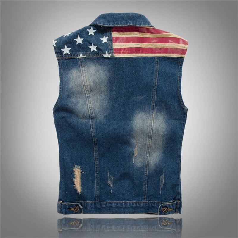 Gilet En Jean Déchiré Sans Manches Pour Hommes Veste Vintage Réservoir Drapeau Américain En Lavé Printemps - Bleu Démin