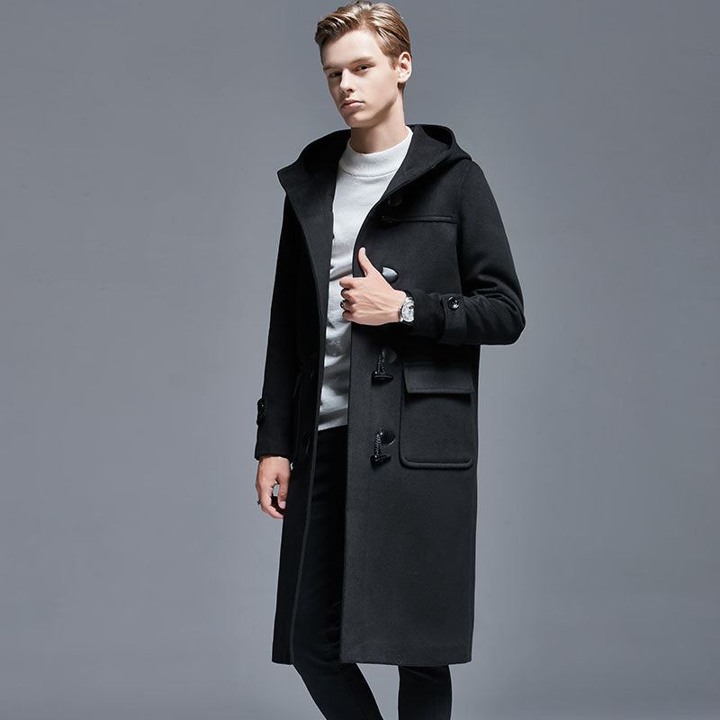 Hiver Hommes Corne Bouton Manteau En Laine Longue Sur Le Genou Veste En Ample À Capuche Trench Épais Manteaux Et Vestes - Noir