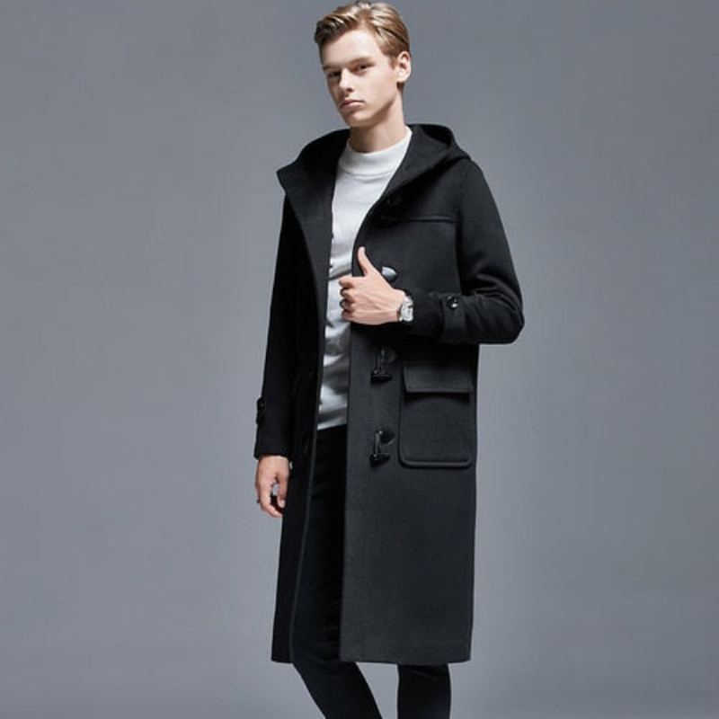 Hiver Hommes Corne Bouton Manteau En Laine Longue Sur Le Genou Veste En Ample À Capuche Trench Épais Manteaux Et Vestes - Noir