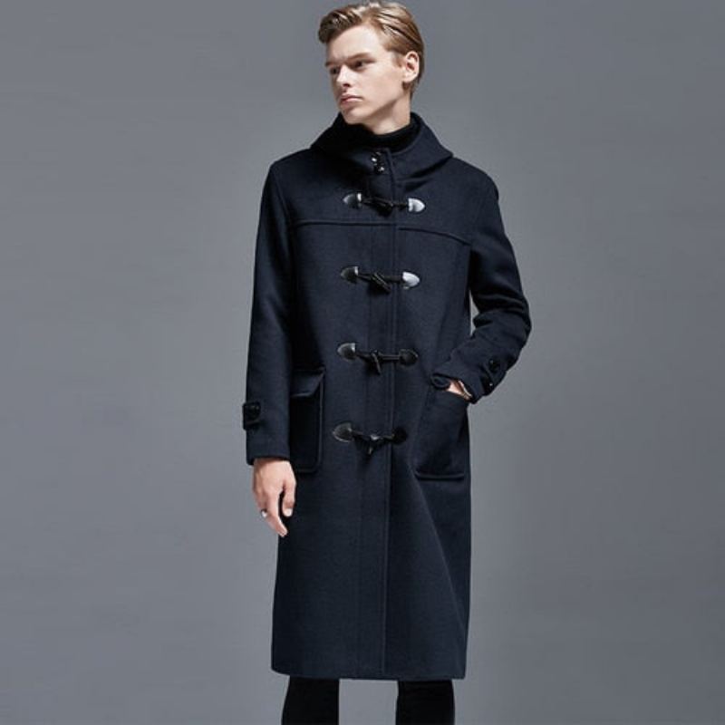 Hiver Hommes Corne Bouton Manteau En Laine Longue Sur Le Genou Veste En Ample À Capuche Trench Épais Manteaux Et Vestes - Noir