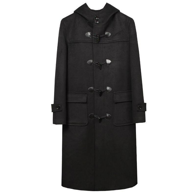 Hiver Hommes Corne Bouton Manteau En Laine Longue Sur Le Genou Veste En Ample À Capuche Trench Épais Manteaux Et Vestes - Noir