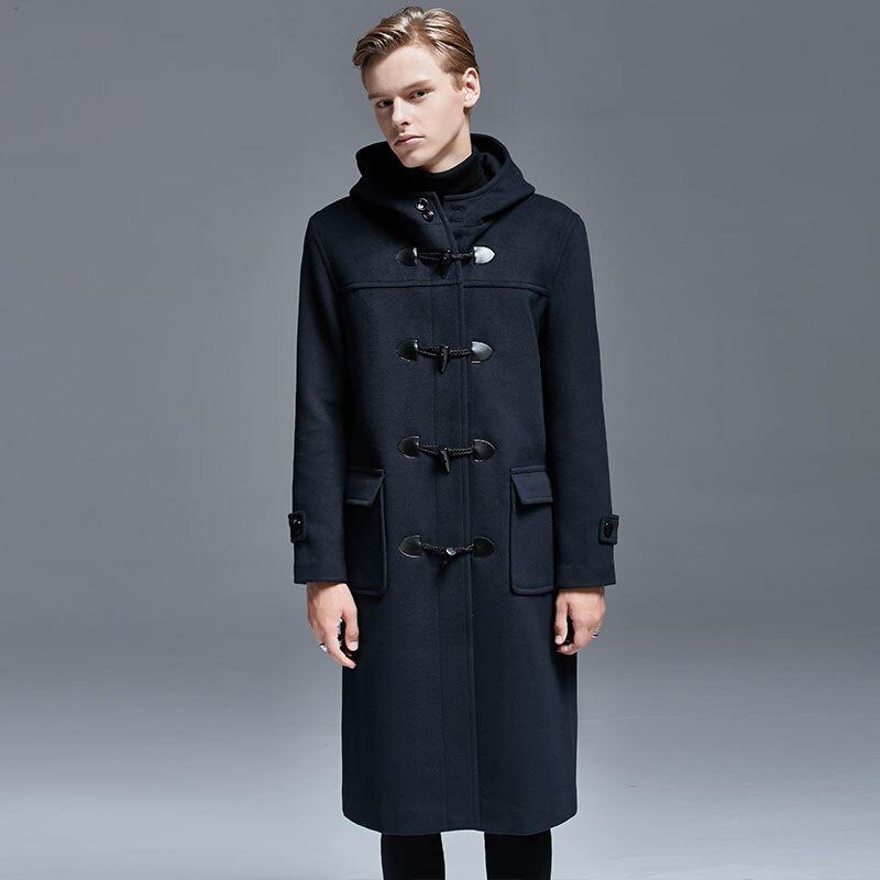 Hiver Hommes Corne Bouton Manteau En Laine Longue Sur Le Genou Veste En Ample À Capuche Trench Épais Manteaux Et Vestes - Noir