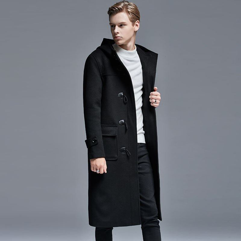 Hiver Hommes Corne Bouton Manteau En Laine Longue Sur Le Genou Veste En Ample À Capuche Trench Épais Manteaux Et Vestes - Noir