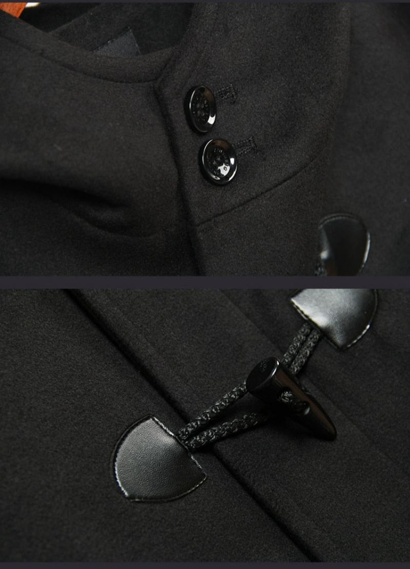 Hiver Hommes Corne Bouton Manteau En Laine Longue Sur Le Genou Veste En Ample À Capuche Trench Épais Manteaux Et Vestes - Noir