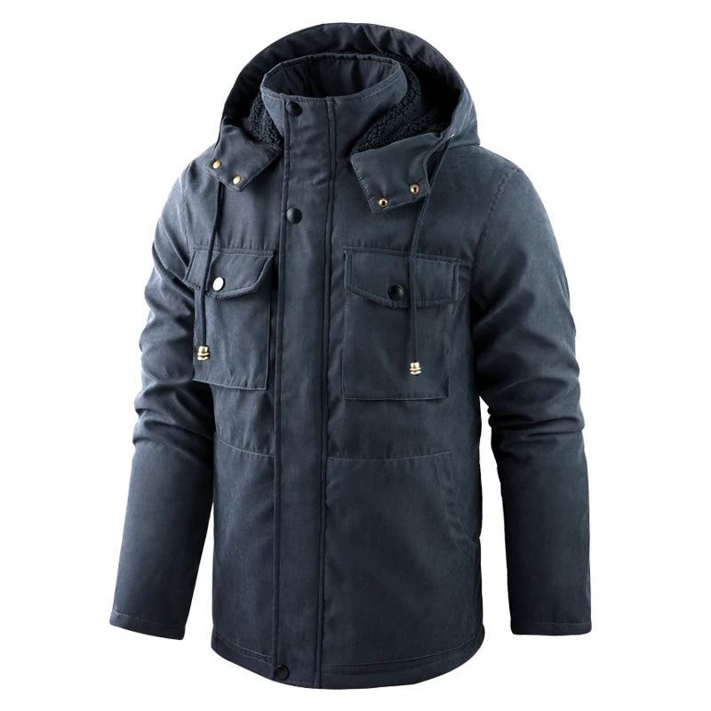 Hiver Hommes Épais Chaud Polaire Parka Veste À Capuche Coupe-vent Manteau Homme - Bleu Foncé