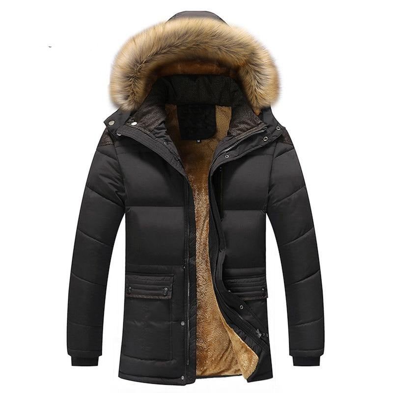 Hiver Hommes Veste Décontracté Fausse Fourrure Col Coton Thermique Parkas Manteaux Homme Polaire Chaud Coupe-vent Vestes À Capuche - Café