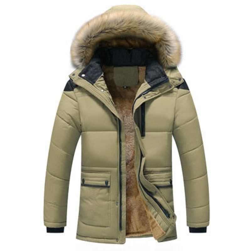 Hiver Hommes Veste Décontracté Fausse Fourrure Col Coton Thermique Parkas Manteaux Homme Polaire Chaud Coupe-vent Vestes À Capuche - Café