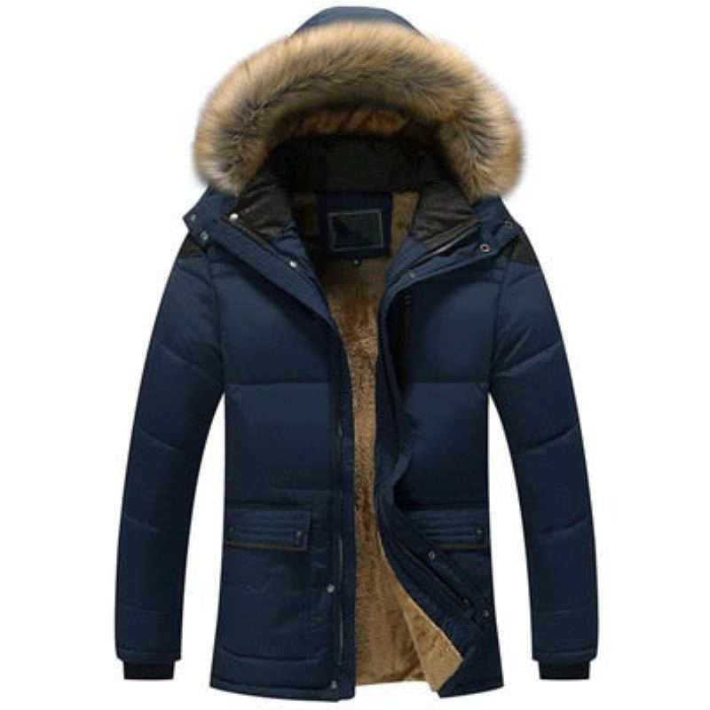 Hiver Hommes Veste Décontracté Fausse Fourrure Col Coton Thermique Parkas Manteaux Homme Polaire Chaud Coupe-vent Vestes À Capuche - Café