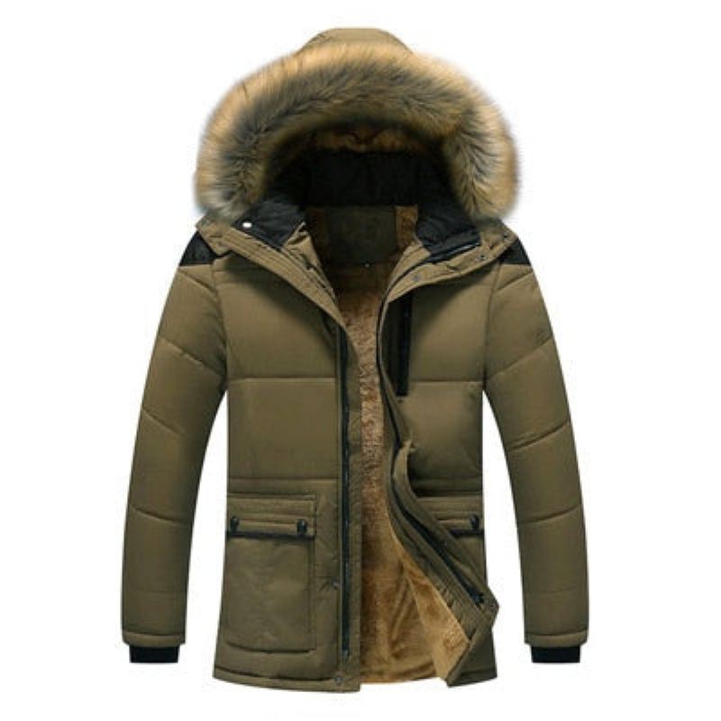 Hiver Hommes Veste Décontracté Fausse Fourrure Col Coton Thermique Parkas Manteaux Homme Polaire Chaud Coupe-vent Vestes À Capuche - Café