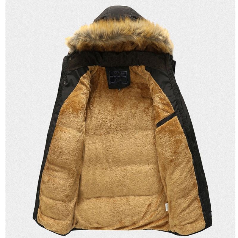 Hiver Hommes Veste Décontracté Fausse Fourrure Col Coton Thermique Parkas Manteaux Homme Polaire Chaud Coupe-vent Vestes À Capuche - Café