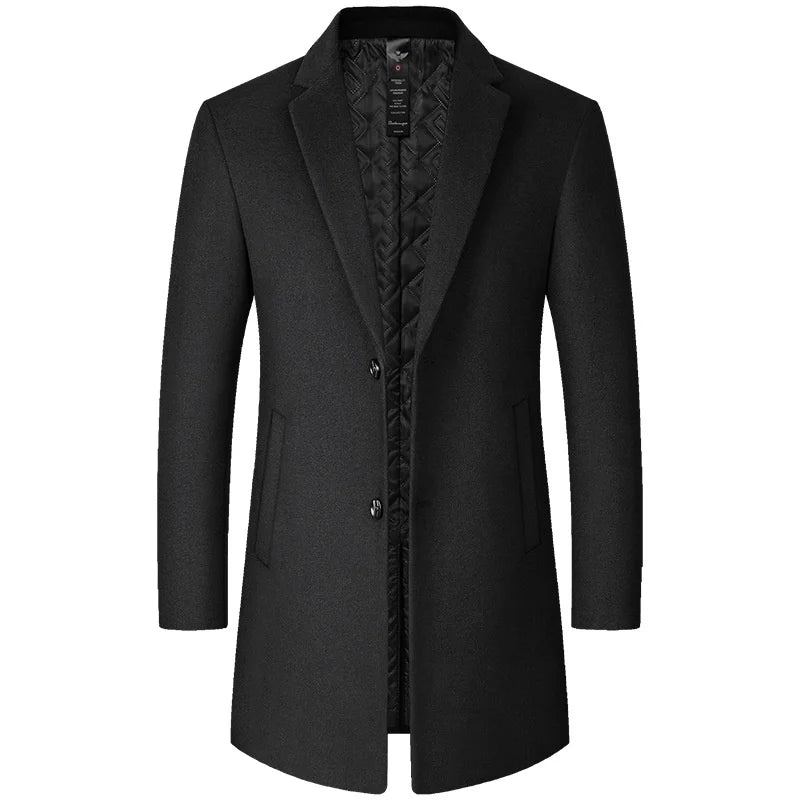 Hiver Laine Hommes Épais Manteau Col Montant Mâle Mélange Veste De Survêtement Smart Décontracté Trench - Noir