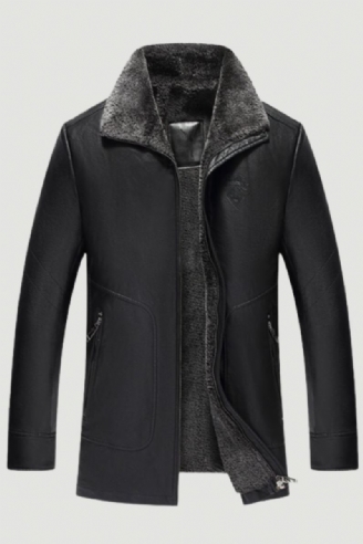 Hiver Long Noir Polaire Parka Manteau Hommes Veste En Cuir Pardessus Plus Velours Chaud Col De Fourrure Pu Décontracté Marron Vêtements D'extérieur Coupe-vent