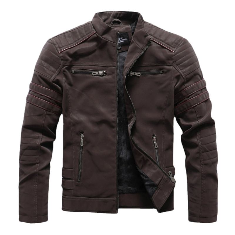 Hiver Moto Veste En Cuir Hommes Vintage Polaire Chaud Multi-poches En Manteau Mâle Fermeture Éclair Vêtements D'extérieur Automne Vestes - Noir01