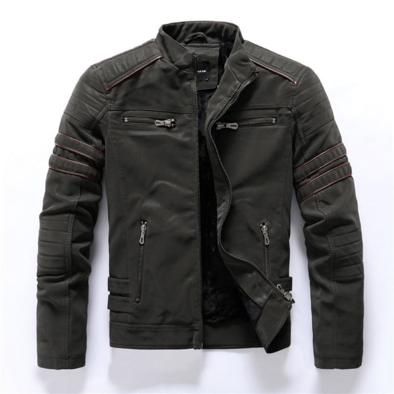 Hiver Moto Veste En Cuir Hommes Vintage Polaire Chaud Multi-poches En Manteau Mâle Fermeture Éclair Vêtements D'extérieur Automne Vestes - Noir01