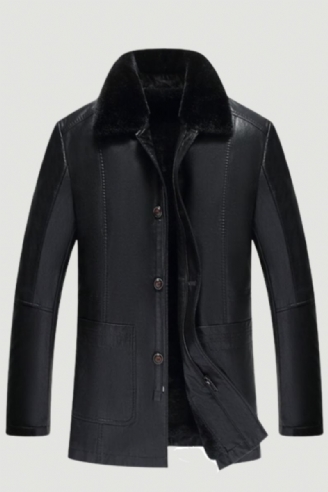 Hiver Noir Polaire Veste En Cuir Hommes Parka Manteau Pardessus Plus Velours Chaud Longue Section Décontracté Coupe-vent Vêtements D'extérieur