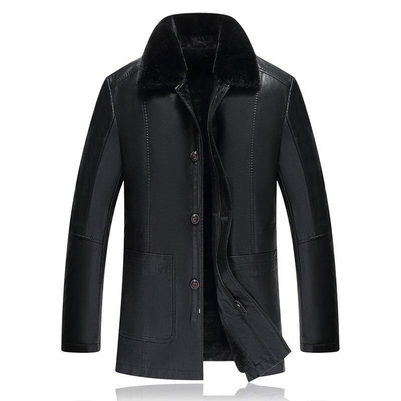 Hiver Noir Polaire Veste En Cuir Hommes Parka Manteau Pardessus Plus Velours Chaud Longue Section Décontracté Coupe-vent Vêtements D'extérieur - Noir