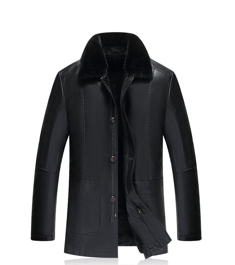 Hiver Noir Polaire Veste En Cuir Hommes Parka Manteau Pardessus Plus Velours Chaud Longue Section Décontracté Coupe-vent Vêtements D'extérieur - Noir