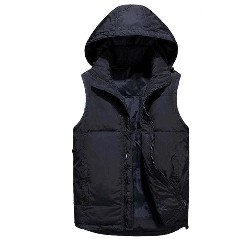 Hommes Doudoune Chaud Loisirs Gilet Sans Manches Fermeture Éclair Amovible Vestes À Capuche Matelassé - Noir