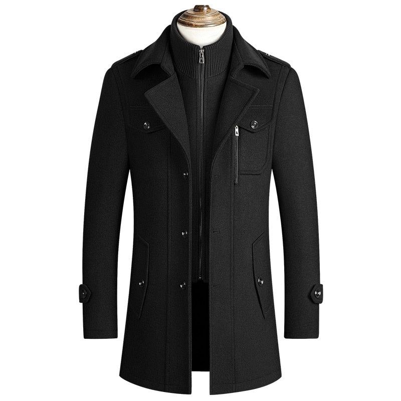 Hommes Hiver Chaud Manteaux De Laine Épaissir Vestes Décontractée Coupe Ajustée Longue Section Coupe-vent Trench Caban - Noir