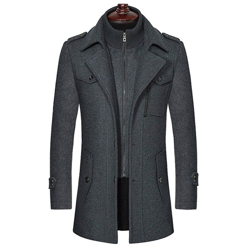 Hommes Hiver Chaud Manteaux De Laine Épaissir Vestes Décontractée Coupe Ajustée Longue Section Coupe-vent Trench Caban - Noir