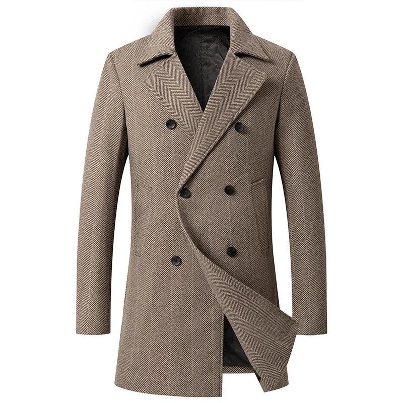 Hommes Laine Pardessus Nouveau Vintage Tweed Longues Vestes Affaires Formel Mâle Costume Blazer - Kaki