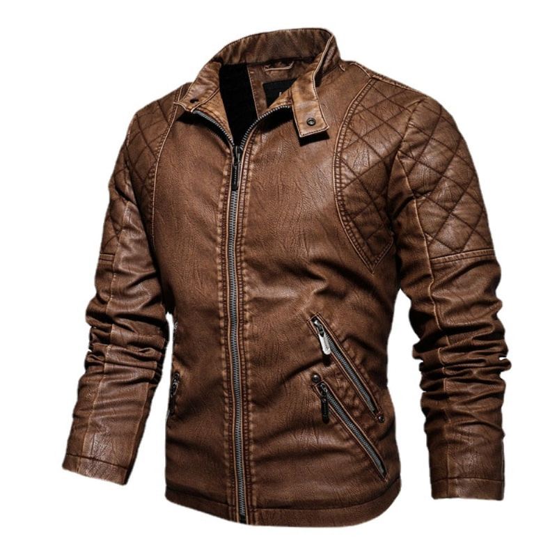 Hommes Moto Décontracté Broderie Biker Manteau Fermeture Éclair Polaire Veste Automne Hiver Faux Cuir Vestes - Noir