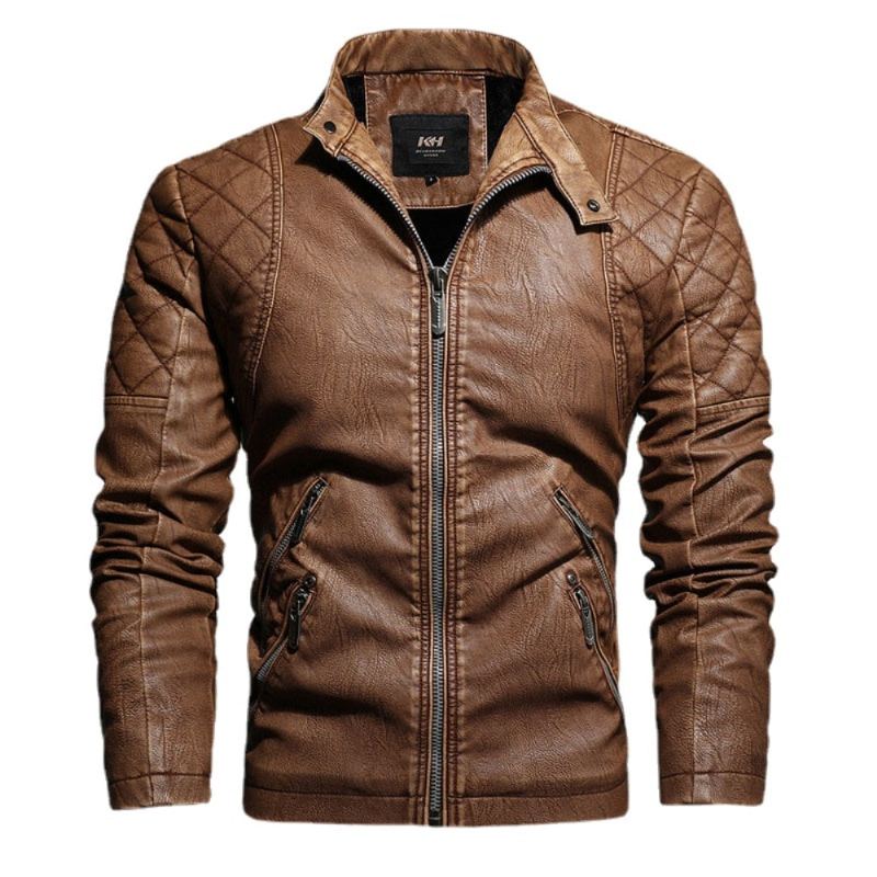 Hommes Moto Décontracté Broderie Biker Manteau Fermeture Éclair Polaire Veste Automne Hiver Faux Cuir Vestes - Noir