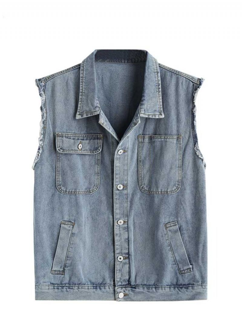 Hommes Outillage Jean Gilet Streetwear Sans Manches Cargo Solide Col Rabattu Veste Denim Avec Poches - Bleu