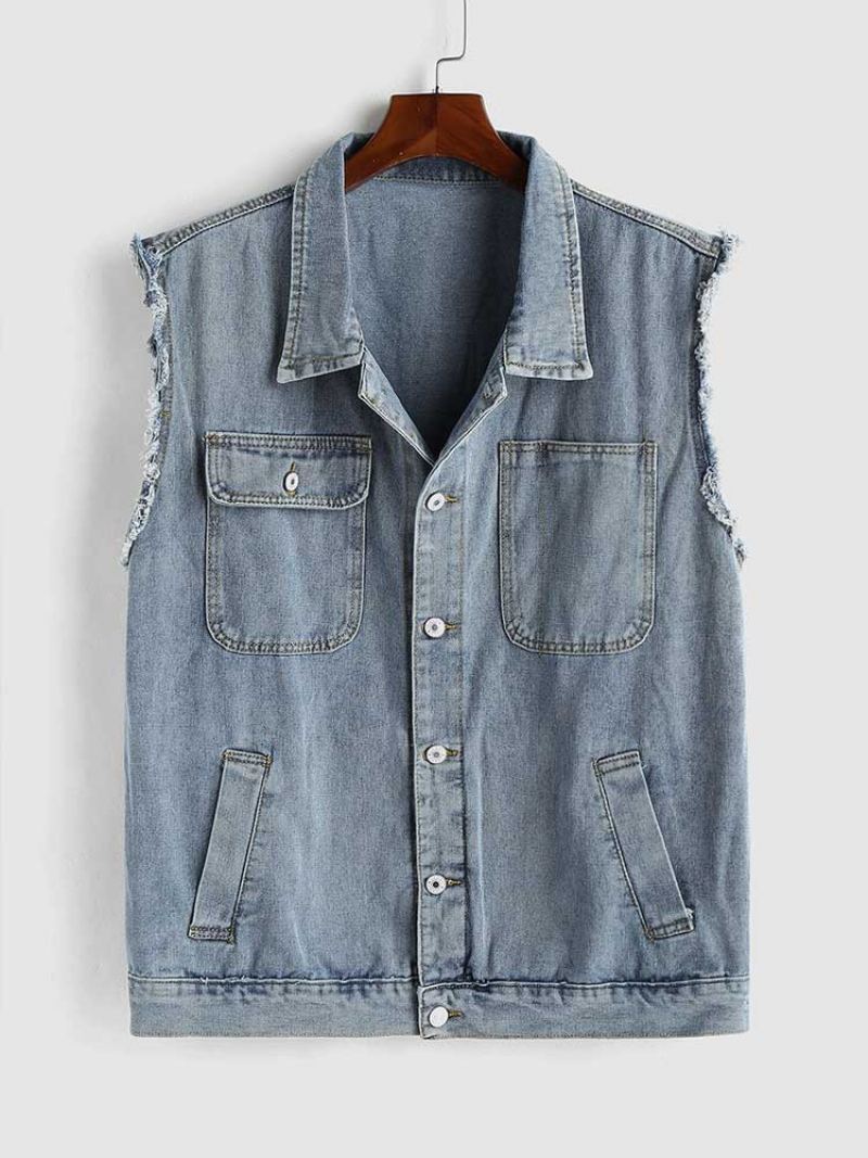 Hommes Outillage Jean Gilet Streetwear Sans Manches Cargo Solide Col Rabattu Veste Denim Avec Poches - Bleu