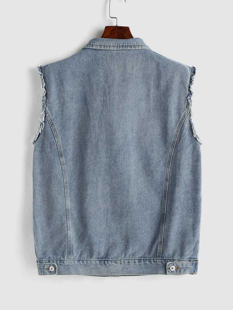 Hommes Outillage Jean Gilet Streetwear Sans Manches Cargo Solide Col Rabattu Veste Denim Avec Poches - Bleu