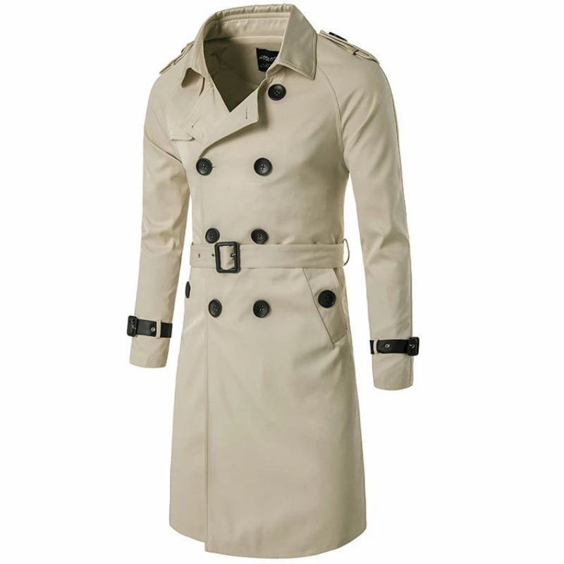 Hommes Printemps Automne Coupe-vent Pardessus Longs Trench Manteaux Avec Ceinture Mâle Caban Double Boutonnage - Beige